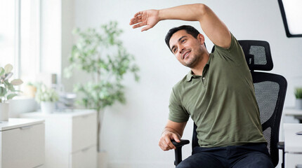 Relaxed Hispanic office worker sitting in chair and stretching arm overhead during break for wellness and stress relief in modern bright workplace
