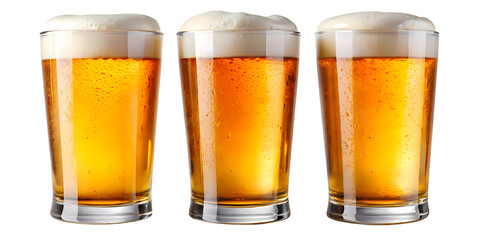 Three refreshing golden lagers with frothy white foam in clear glasses, isolated on a clean white background.