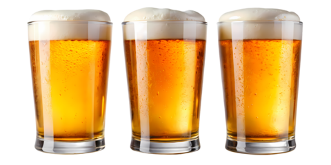 Three refreshing golden lagers with frothy white foam in clear glasses, isolated on a clean white background.