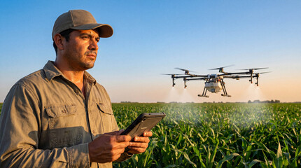 Serious Hispanic agronomist holding rugged tablet controlling spraying drone over green cornfield under blue sky during golden hour sunset