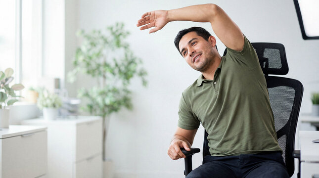 Relaxed Hispanic office worker sitting in chair and stretching arm overhead during break for wellness and stress relief in modern bright workplace