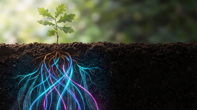 Young oak sapling growing in soil with roots turning into glowing blue fiber optic cables and binary streams showing digital technology growth concept - Powered by Adobe