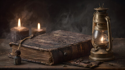 Ultra HD Ancient leatherbound book, antique oil lamp, and flickering candles on a rustic wooden table, evoking a mysterious and historical atmosphere image