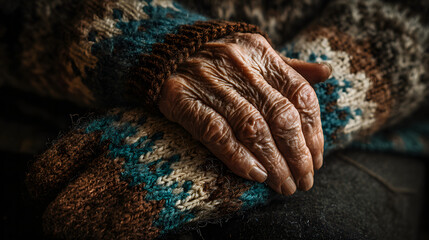Ultra HD Closeup of an elderly persons wrinkled hand resting on a warm, patterned sweater, symbolizing age, wisdom, and the passage of time image
