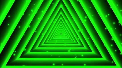 Abstract green glowing triangle tunnel with floating particles on black background motion loop - Powered by Adobe