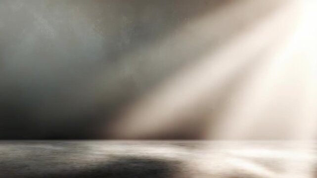 Minimalist interior scene featuring a foggy ambiance and striking sun rays casting shadows across a smooth surface. The interplay of light and shadow evokes a sense of calm and inspiration