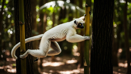 Obraz premium White Ring Tailed Lemur Leaping Between Bamboo Stalks in a Lush Forest primate animal