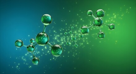 Molecular structure illustration with interconnected spheres and lines against a gradient green and blue background representing chemistry