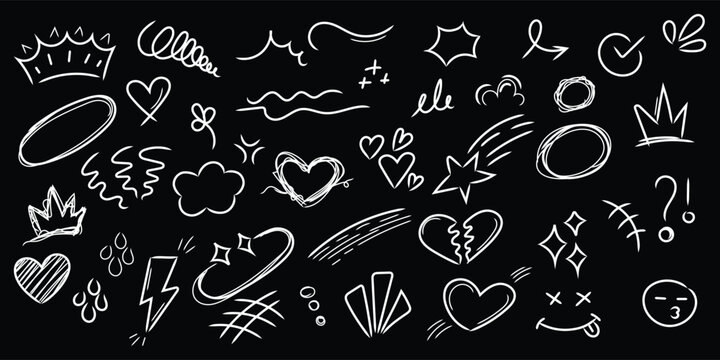 White doodle shapes heart, star, lightning, cloud, crown and arrow, on black. .Hand drawn doodle symbols black background. Cute sketch doodle elements