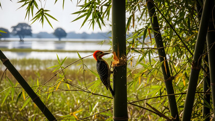 Woodpecker with Red Crest Pecking at Bamboo Trunk in Natural Setting bird animal