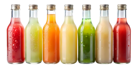 Six Assorted Fruit Juice Bottles with Water Drops Isolated on White Background, Refreshing Drinks