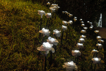 Artificial flowers illuminated in white in a garden at sunset