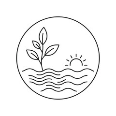 Fototapeta premium Black and white line art of a sprout growing from water with a sun plant growth