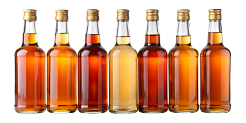 Six amber glass bottles filled with rum and whiskey, isolated on white background, studio shot