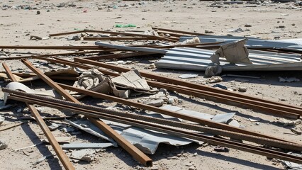 Rusty metal beams and broken corrugated sheets scattered on sandy ground in daylight