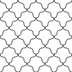 Interlocking white figures tessellation on black background. Image with floral shapes. Ethnic mosaic tiles motif. Oriental window tracery. Seamless surface pattern design with scales ornament. Vector.