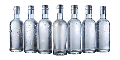 Six Clear Glass Vodka Bottles with Water Droplets, Studio Shot, Isolated on White Background