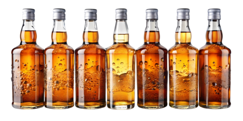 Six Amber Whiskey Bottles with Water Drops Isolated on White Background - Premium Spirits Collection