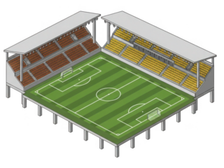 Modern soccer stadium with seating and field isolated on transparent background