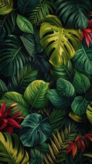 Fototapeta premium Lush Green Tropical Foliage with Vibrant Red Leaves in Background