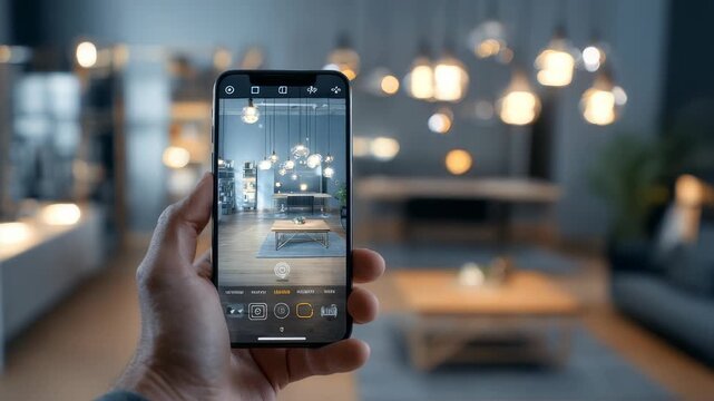 A hand holds a smartphone, photographing a cozy living room with elegant lighting and modern furniture. The scene highlights smart living, interior design, and digital photography concepts