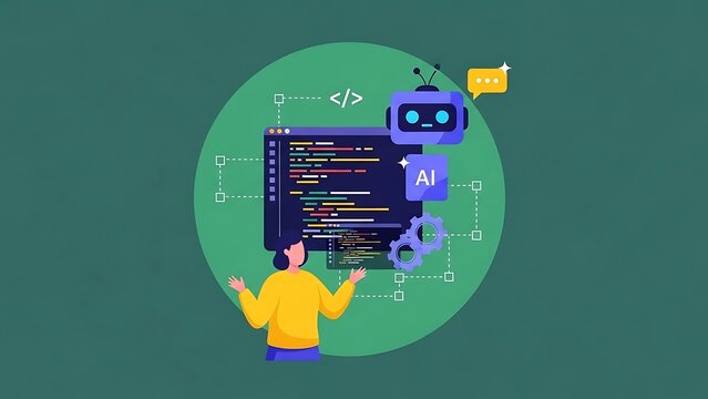 AI Software Development and Coding Workflow Concept with Programmer and Artificial Intelligence Illustration