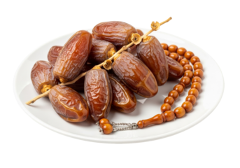 dates on plate with tasbih beads for ramadan mubarak