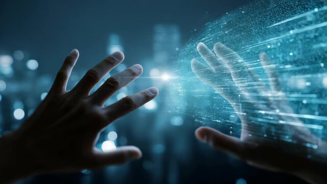 A pair of hands interact with a virtual interface, representing the merging of human touch and advanced digital technology. The scene evokes themes of future innovation and digital transformation