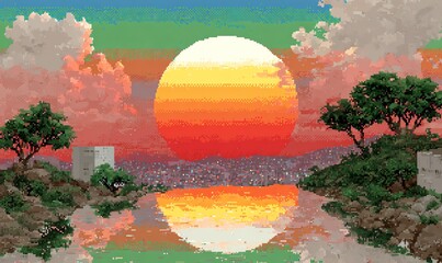 Pixel Art Sunset Reflection with Retro-Future City