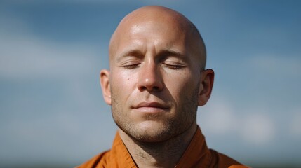 Fototapeta premium A bald man in orange robes meditates with eyes closed against a bright blue sky