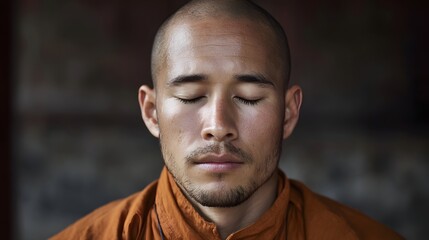 Fototapeta premium Close up portrait of a serene bald monk with eyes closed meditating in soft natural light