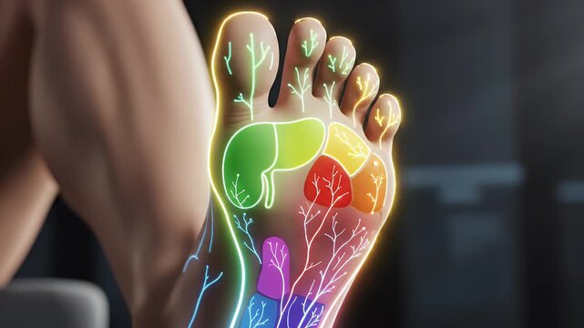 Human Foot Reflexology Chart with Colorful Organ Illustrations on White Background for Health Awareness