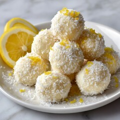 Delicious Lemon Coconut Truffles with Zest on a White Plate