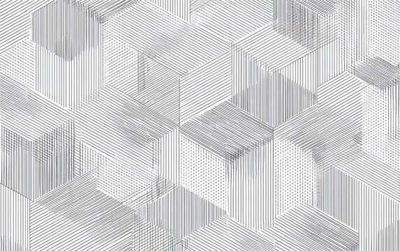 Geometric grayscale abstract with textured, angled lines, creating illusion of depth and 3D shapes