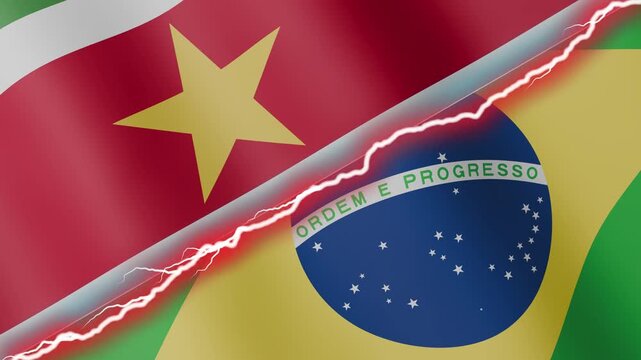 Two waving flags Suriname and Brazil with diagonal lightning seamless, 4k loop
