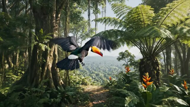 Toucan Flying Through Dense Rainforest Canopy.