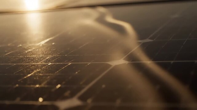Close-up of a solar panel with a reflective surface and grid pattern under warm sunlight.