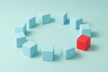 Naklejka premium The Red Cube's Perspective: A captivating composition featuring a unique red cube, encircled by a ring of identical blue cubes, set against a soft, subtle backdrop