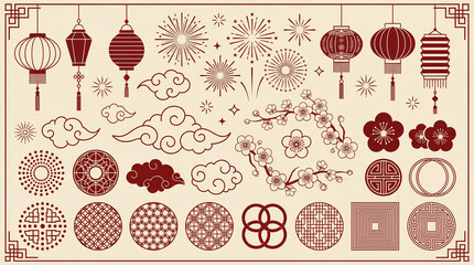 Traditional chinese new year elements, asian oriental ornaments. Japanese festive decorations, clouds, flowers and patterns vector set. Illustration of traditional chinese lunar symbol and elements