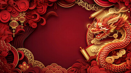 Happy chinese new year, year of the dragon zodiac sign hanging beautiful lantern and flowers on red background. Copy space