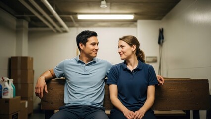 Fototapeta premium A man and woman in polo shirts sit on a bench, looking at each other and smiling. This scene conveys teamwork and friendship in a professional setting. Ideal for business, HR, or relationship themes.