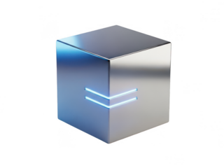 A futuristic metallic cube with a glowing blue light emitting from within isolated on transparent background
