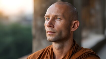 Naklejka premium A bald Buddhist monk in a saffron robe gazes thoughtfully to the side in golden hour light