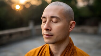 Fototapeta premium A bald man in saffron robes meditates peacefully with eyes closed during a serene golden hour sunset embodying inner peace and mindfulness