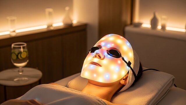 Woman relaxing with illuminated LED facial therapy mask