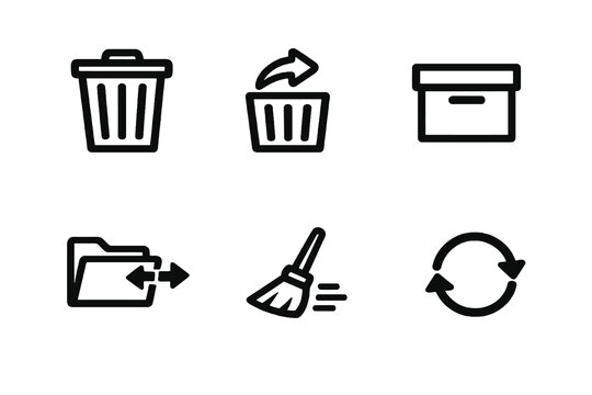 Black flat vector icon set focused on file actions and system cleanup. Clean outline symbols for delete, restore, archive and reset actions in digital interfaces.