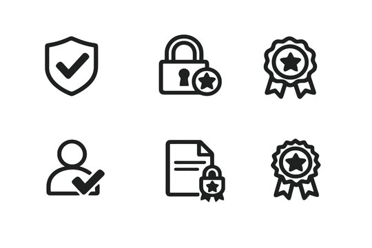 Black flat vector icon set focused on trust, verification and quality assurance. Clean outline symbols for security badges, approvals and credibility indicators in interfaces.