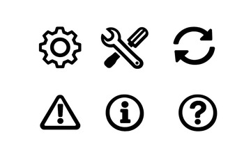 Black flat vector icon set focused on system tools and interface support. Clean outline symbols for settings menus, alerts, help sections and software interfaces.