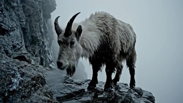 Mountain Goat Standing on Rocky Cliff Edge.