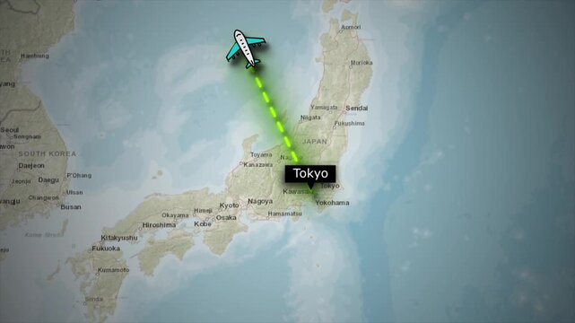 Flight Path Animation from Tokyo to London over World Map